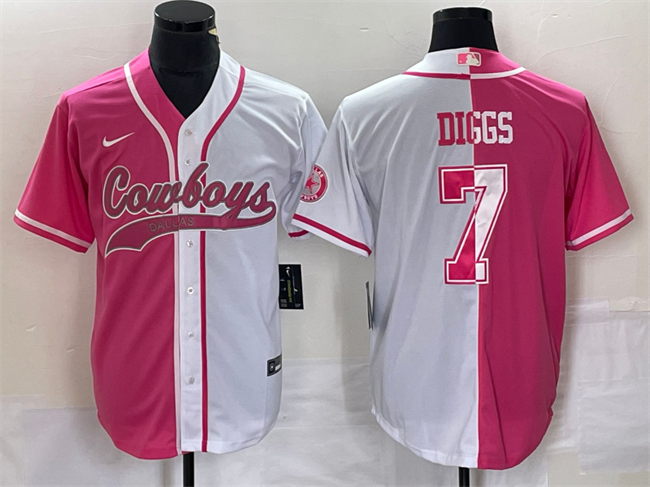 Men's Dallas Cowboys #7 Trevon Diggs Pink/White Split Cool Base Stitched Baseball Jersey